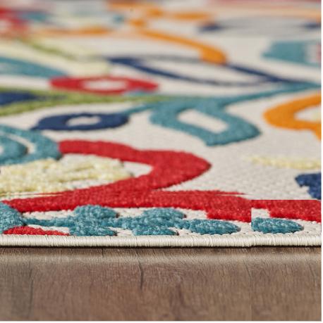 Jacobean floral area rug close-up with multicolor pattern and stitched border edge