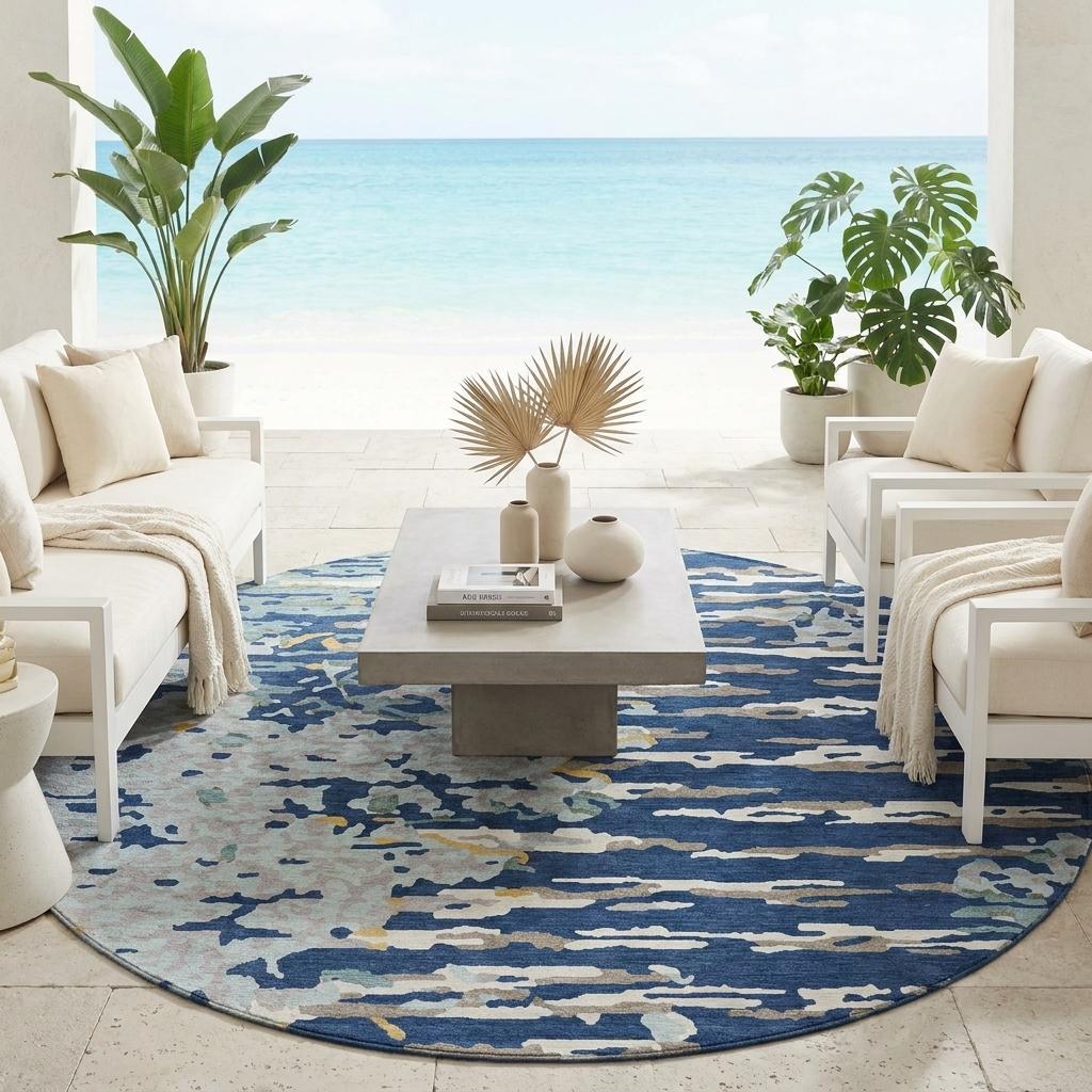 Round washable area rug with navy-blue abstract design on the floor