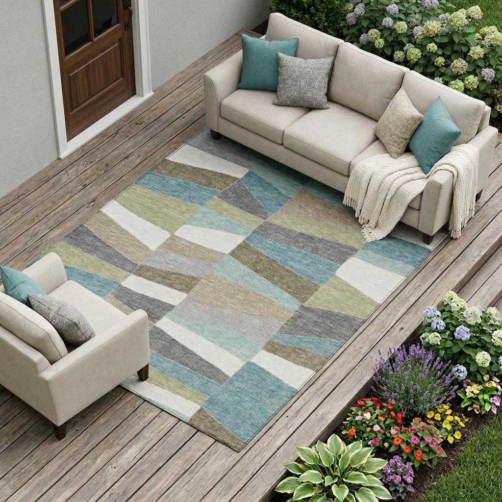 Multicolor geometric patchwork area rug with teal, green, beige, gray, and cream blocks