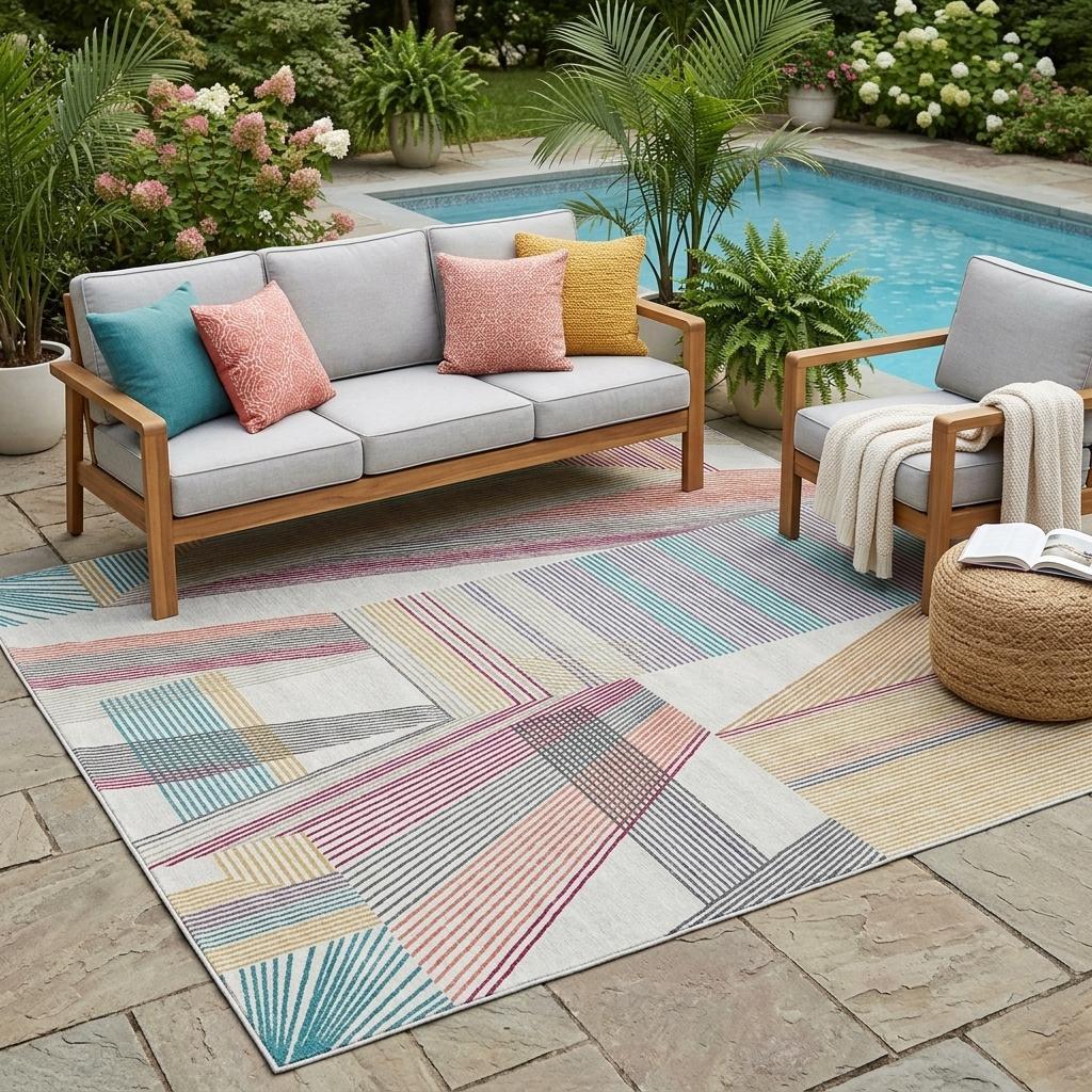 Ivory geometric indoor/outdoor area rug with colorful stripe patchwork across the surface