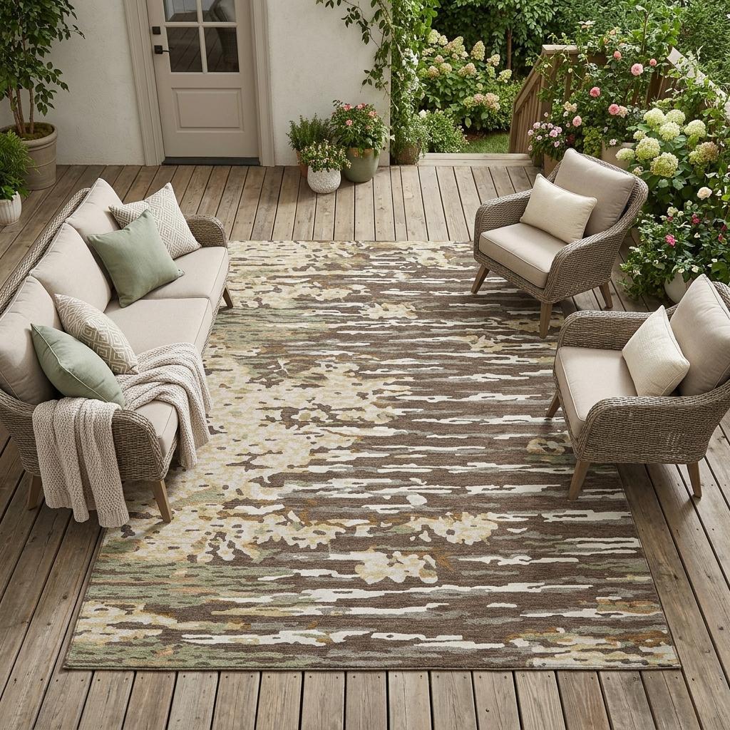 Outdoor indoor abstract wash area rug 10x14 with cream, brown, gray, and olive pattern on deck.