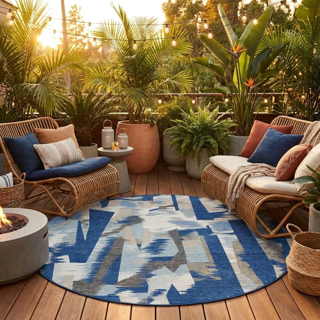 Round abstract washable indoor outdoor rug with blue and beige geometric pattern