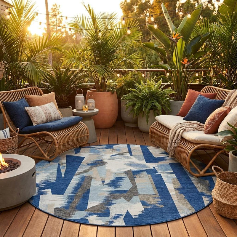 Round abstract washable indoor outdoor rug with blue and beige geometric pattern