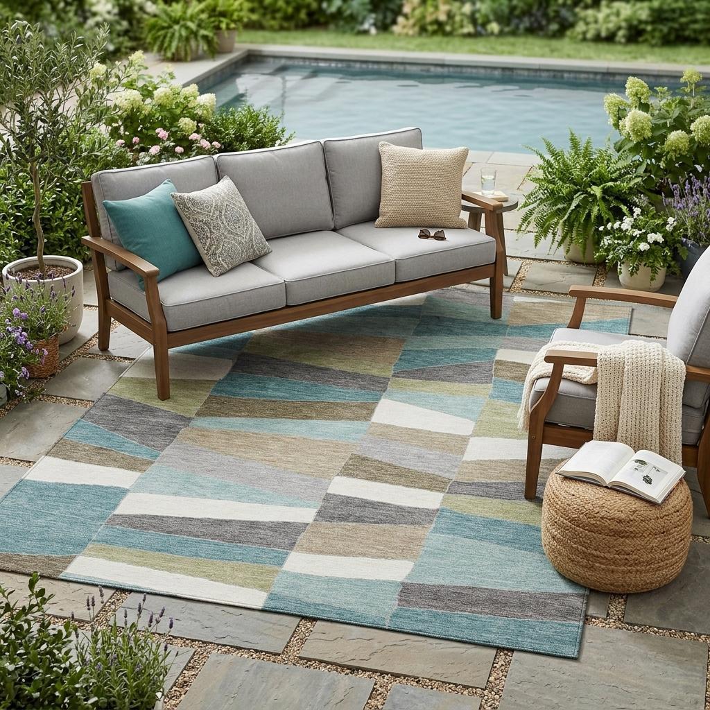Geometric area rug corner view with teal, beige, gray, and white block patchwork pattern