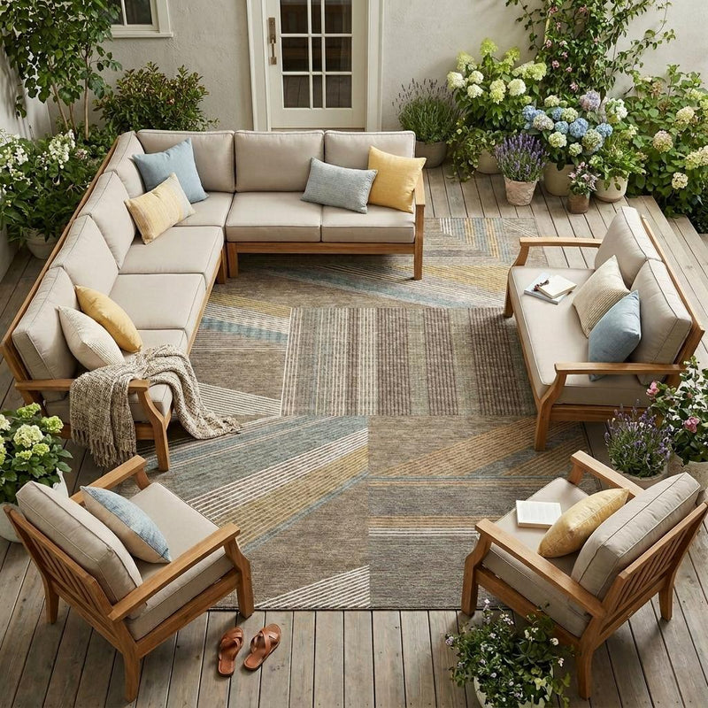 Geometric area rug with brown, gray, white, and blue abstract stripe pattern