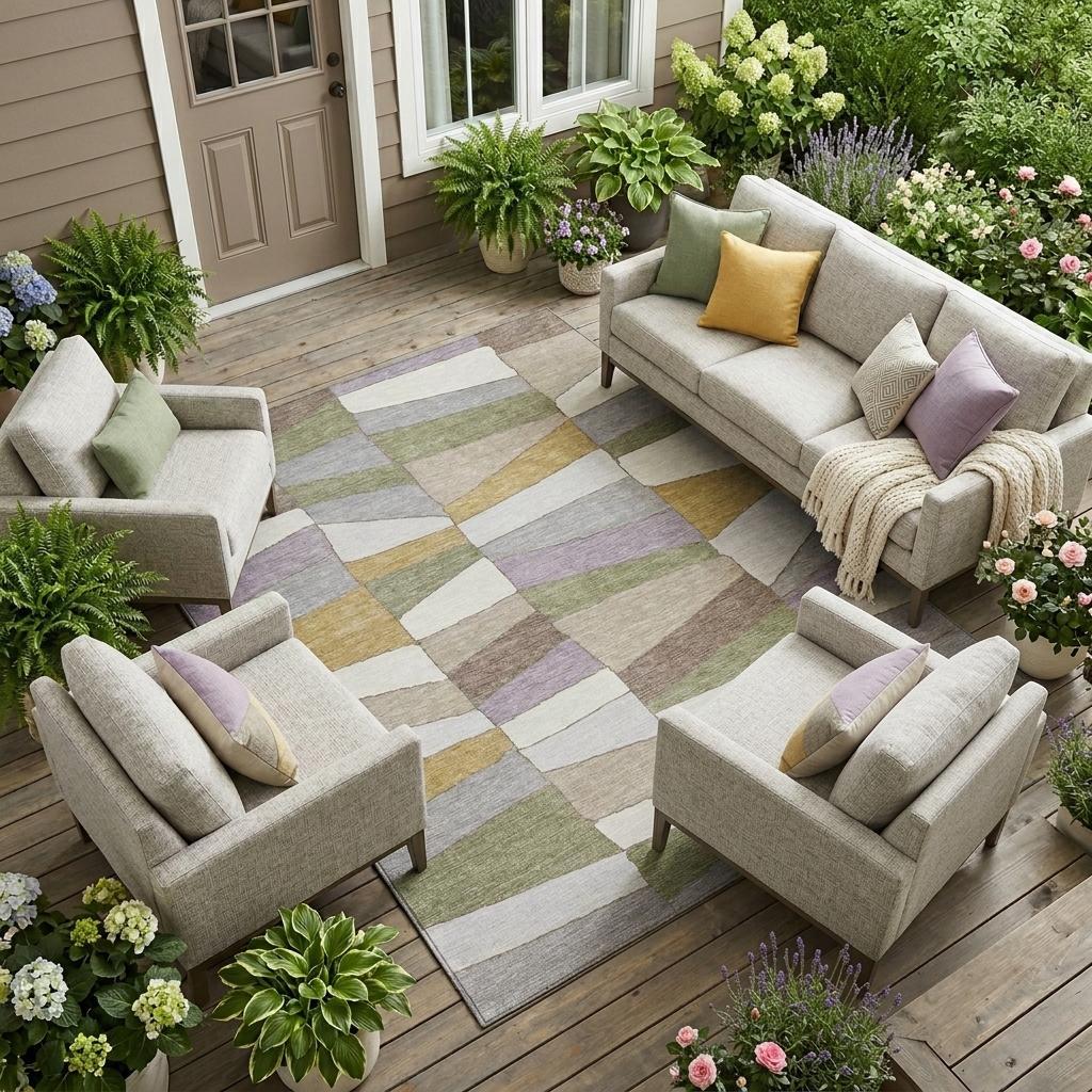 Geometric indoor outdoor area rug on patio floor with cube pattern in muted colors