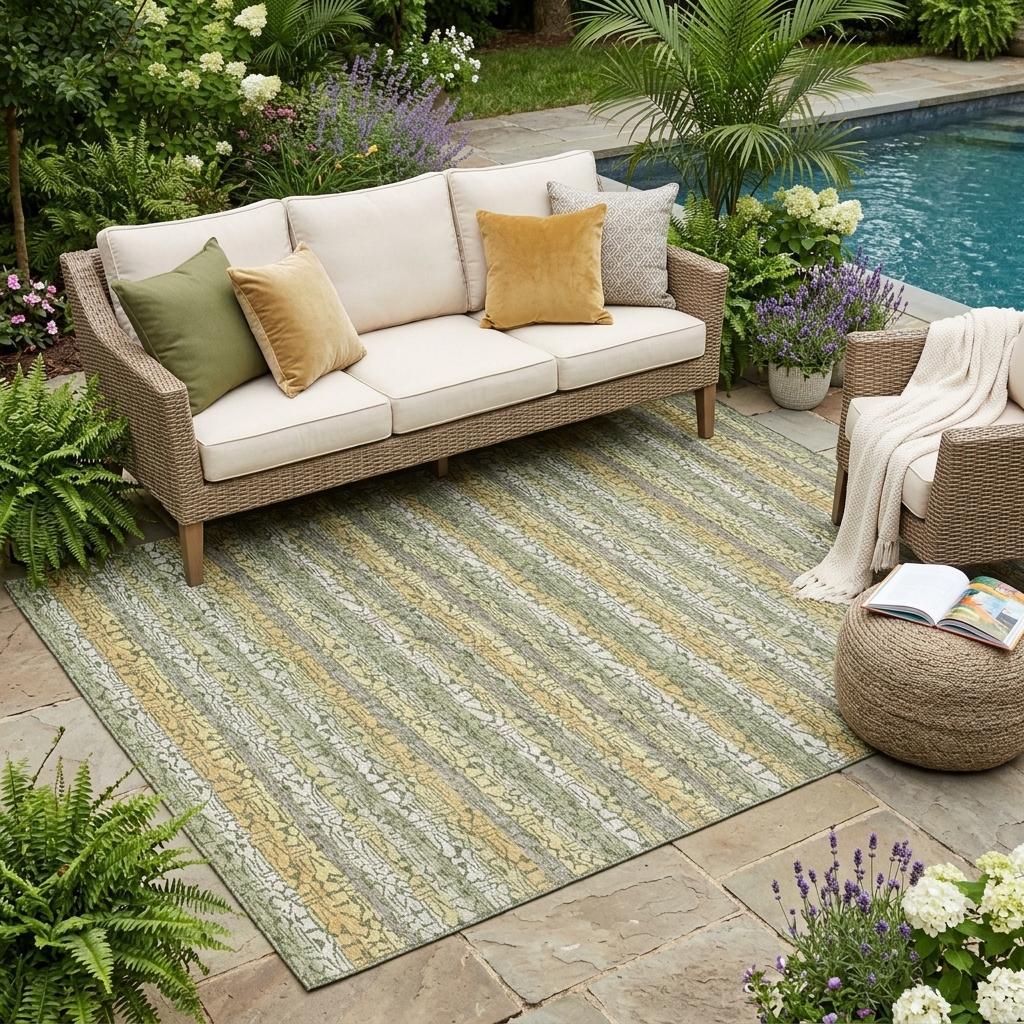 5' X 8' Sage And Green Striped Washable Indoor Outdoor Area Rug - Outdoor | blocked-missing-media, blocked-out-of-stock,…
