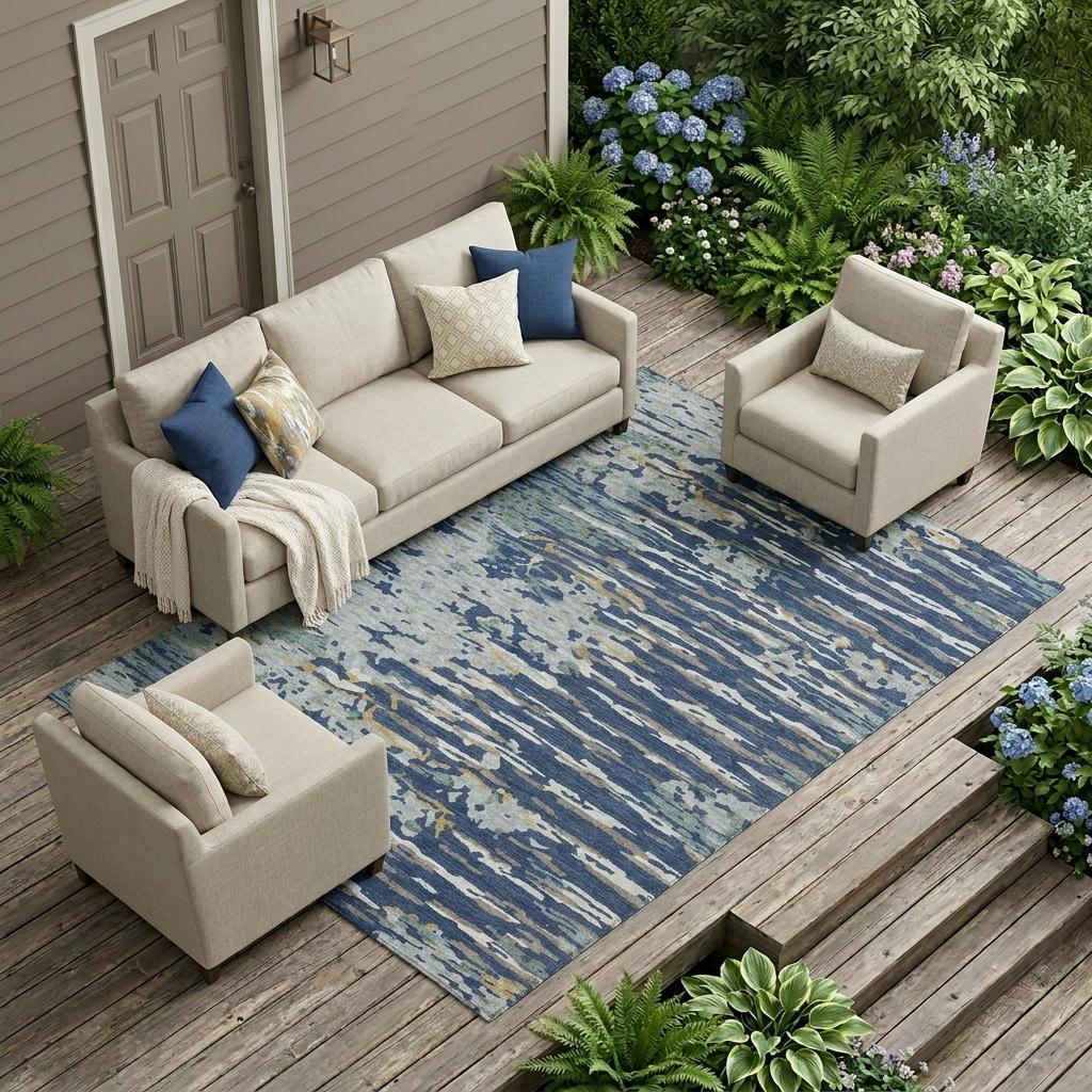 Navy and blue abstract indoor/outdoor area rug with distressed stripes, outdoor patio view
