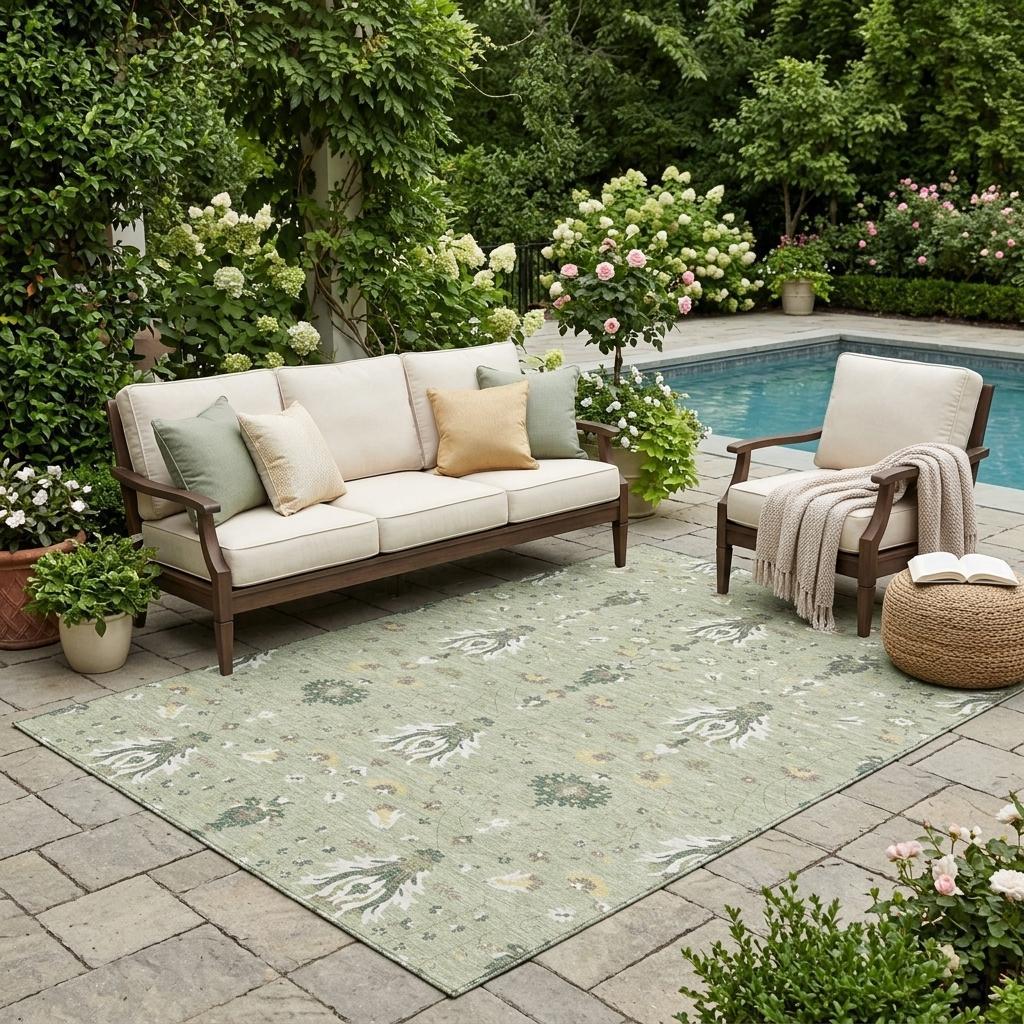 Green and beige oriental area rug with medallion and floral pattern, rectangular