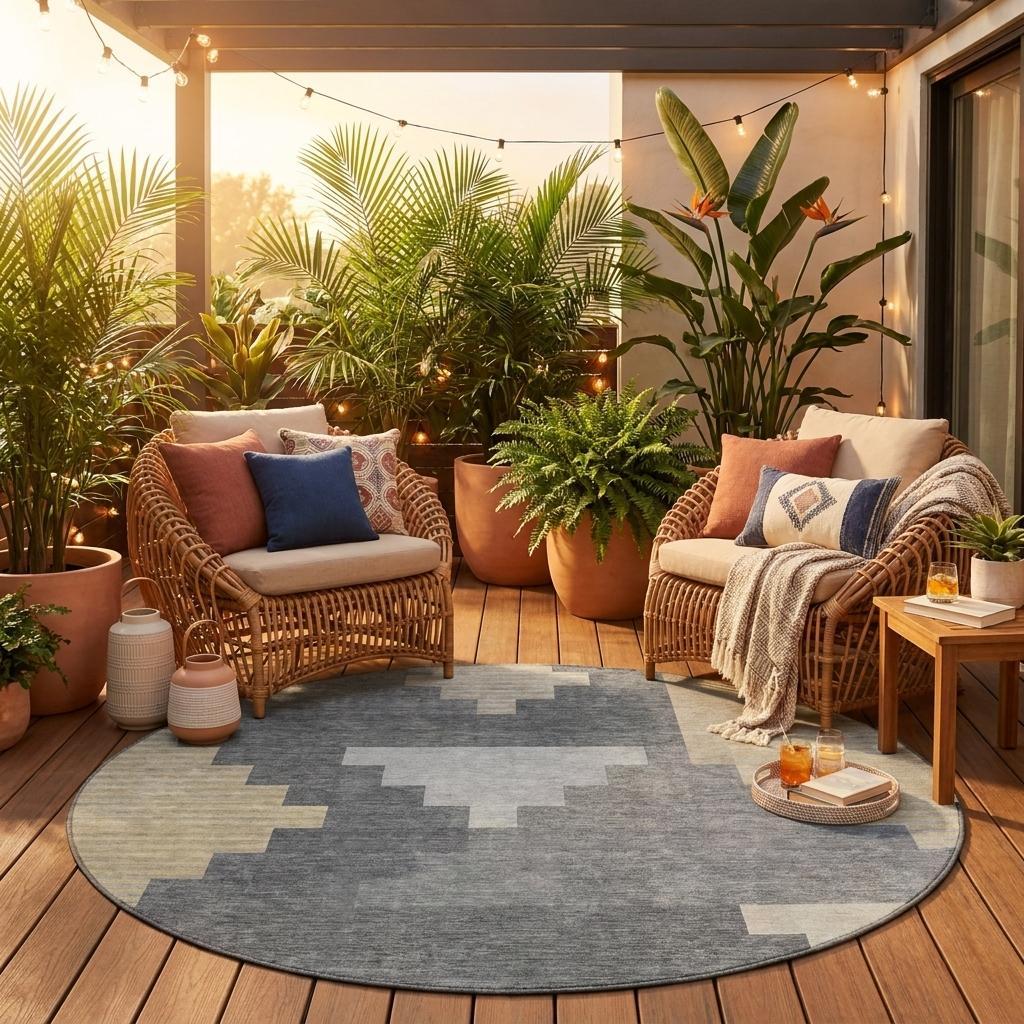 Round geometric area rug in gray with beige and yellow blocks on outdoor deck