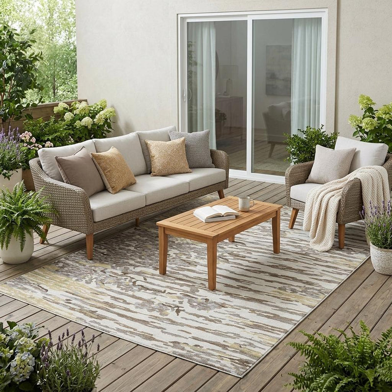 Rectangular ivory and silver abstract area rug with distressed linear pattern