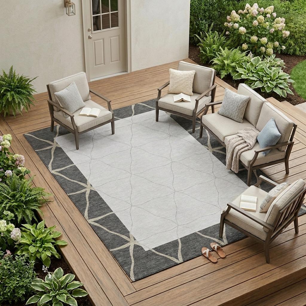 Large graphite and gray geometric area rug with pale line lattice pattern