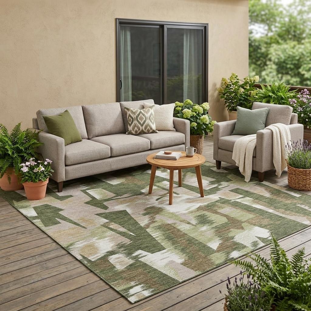 Abstract olive green area rug with off-white and beige pattern in outdoor space