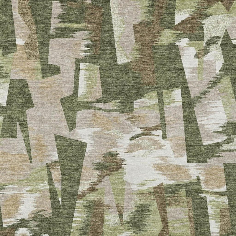 Detail view of olive green and off-white abstract rug with textured geometric pattern