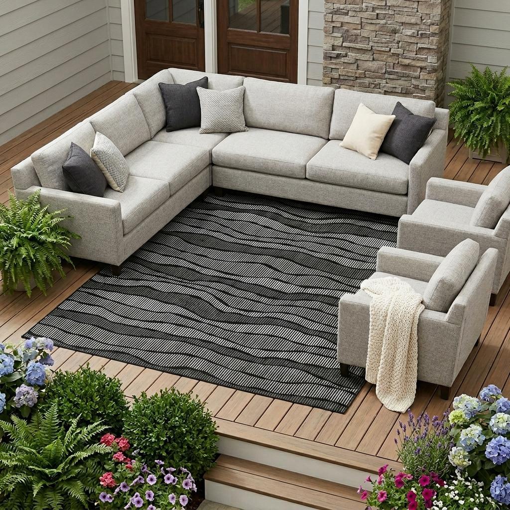 Black and graphite wavy-striped indoor/outdoor area rug, rectangular.