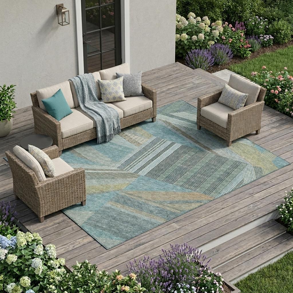 Teal blue geometric area rug on an outdoor patio with multi-color stripe pattern
