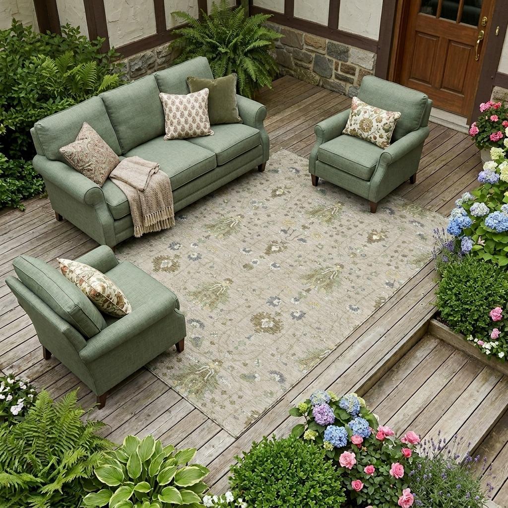 Beige oriental area rug with floral medallion pattern for indoor-outdoor use