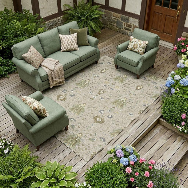Beige oriental area rug with floral medallion pattern for indoor-outdoor use
