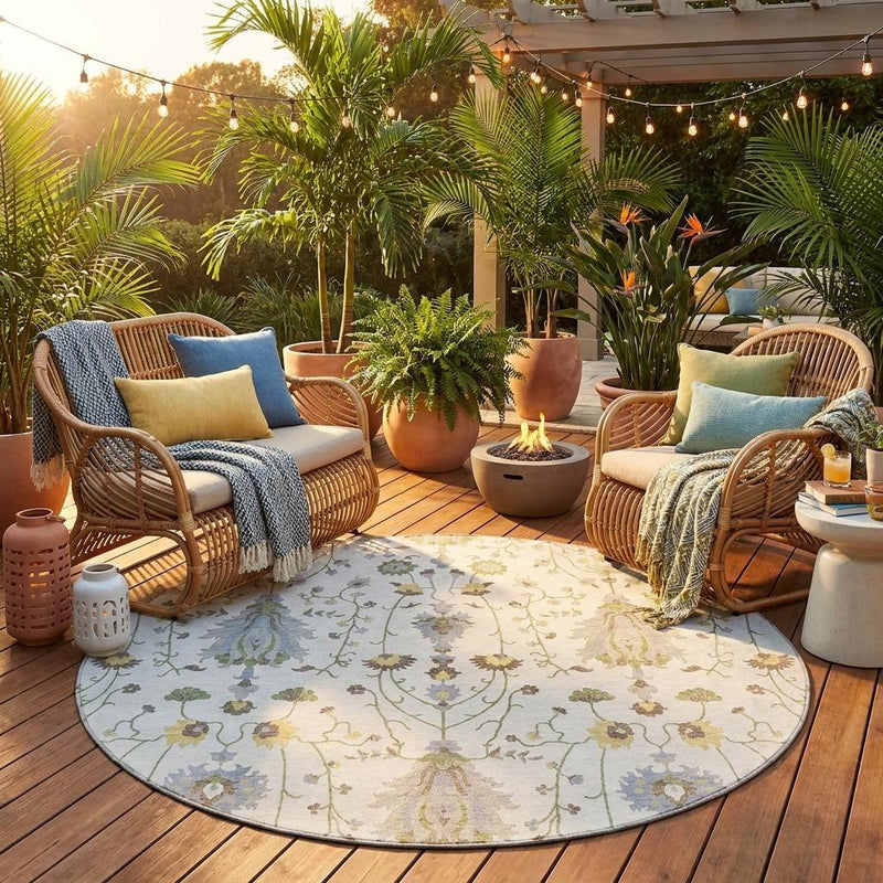 Round ivory rug with oriental floral vines in silver-gray and sage green