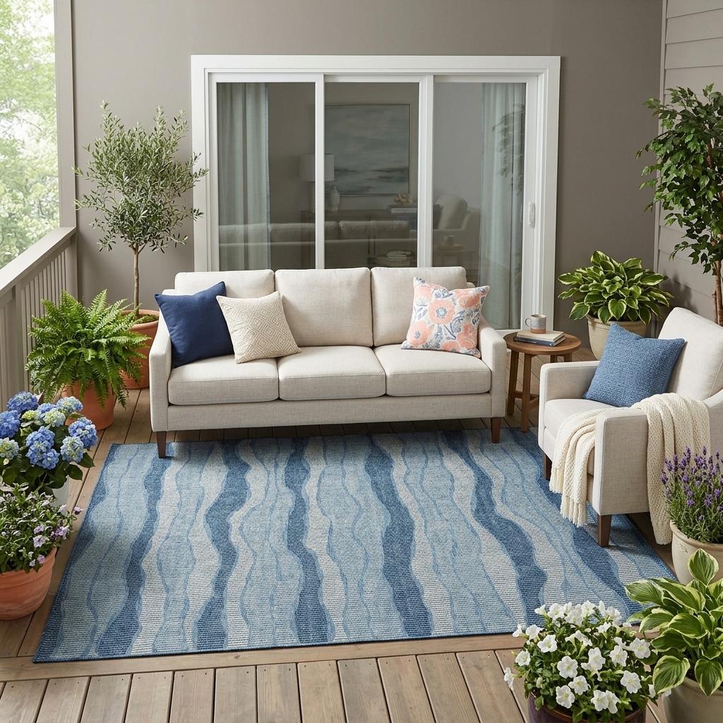 Blue striped area rug with wavy lines