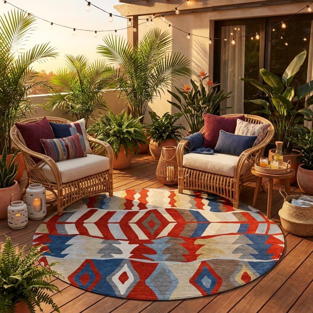 Round geometric area rug in red, beige, blue, and gray; washable indoor/outdoor