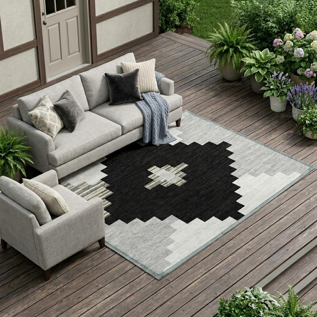 Indoor outdoor area rug with black and light gray geometric star and zigzag blocks