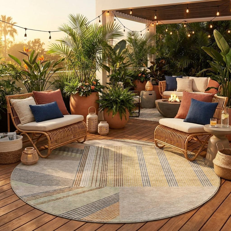 Round indoor/outdoor rug with beige and multicolor geometric stripe pattern