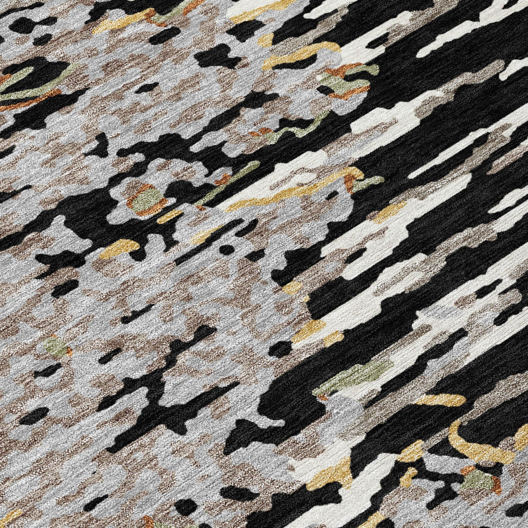 Abstract area rug weave with black and graphite stripes, light gray base, and yellow accents