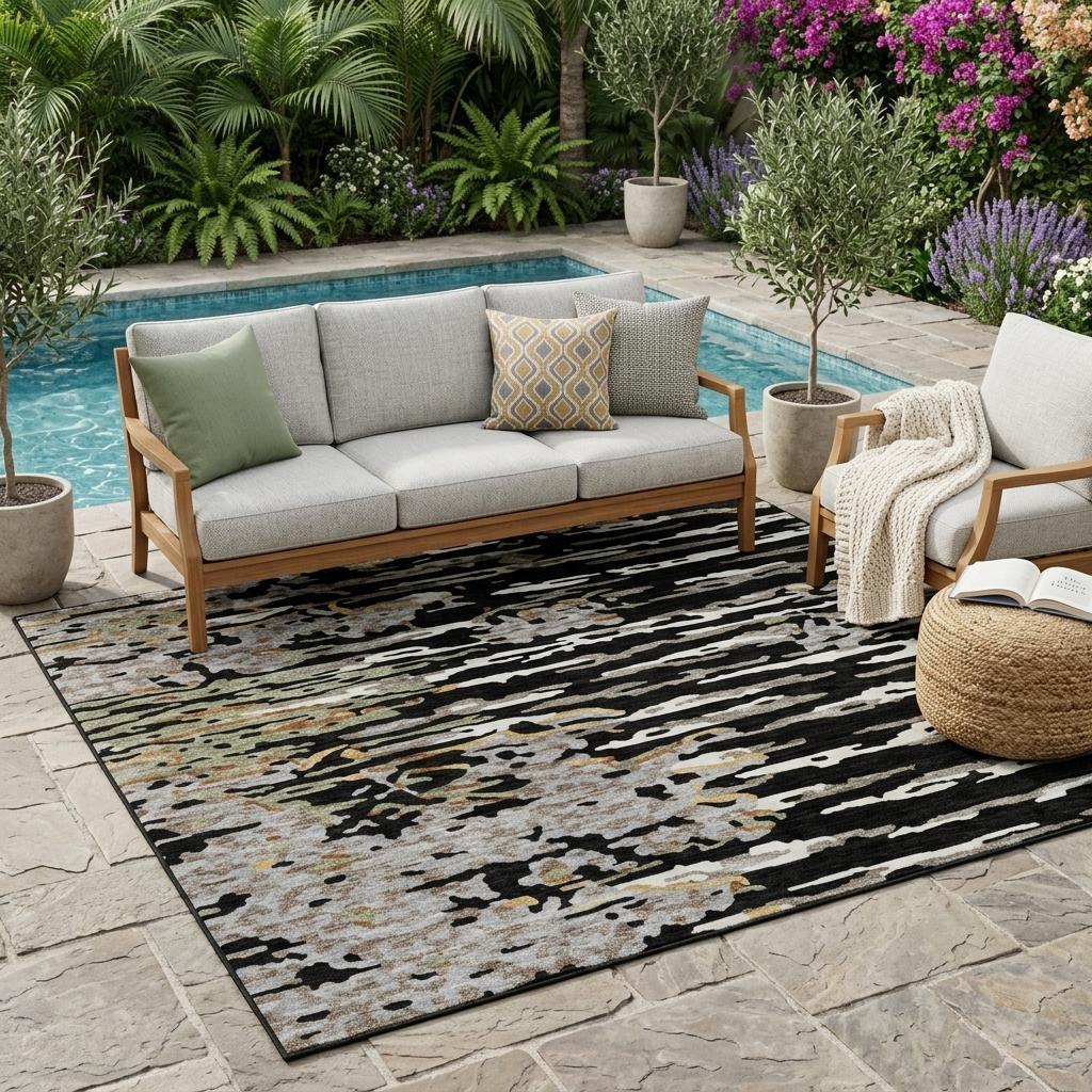 Abstract indoor-outdoor area rug with black and graphite distressed stripe pattern on patio