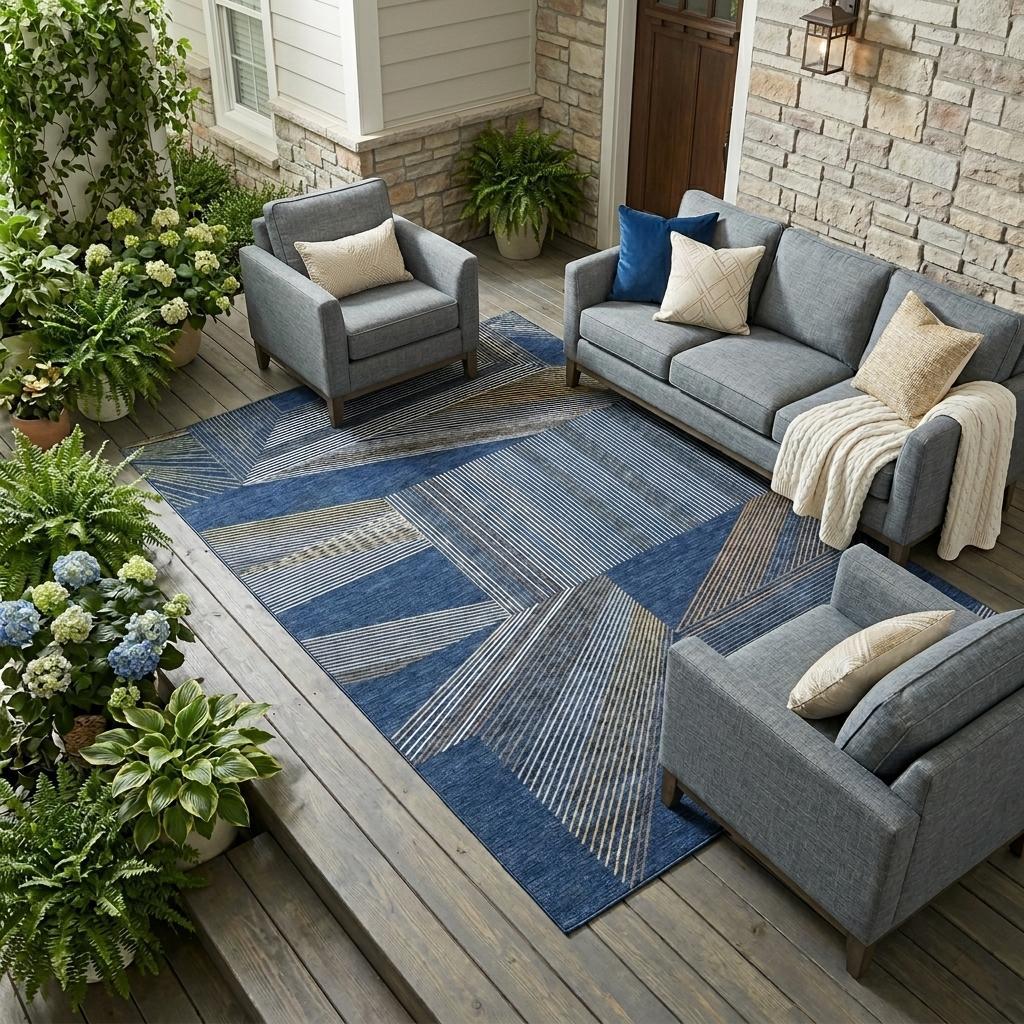 Navy blue and blue geometric area rug with striped pattern