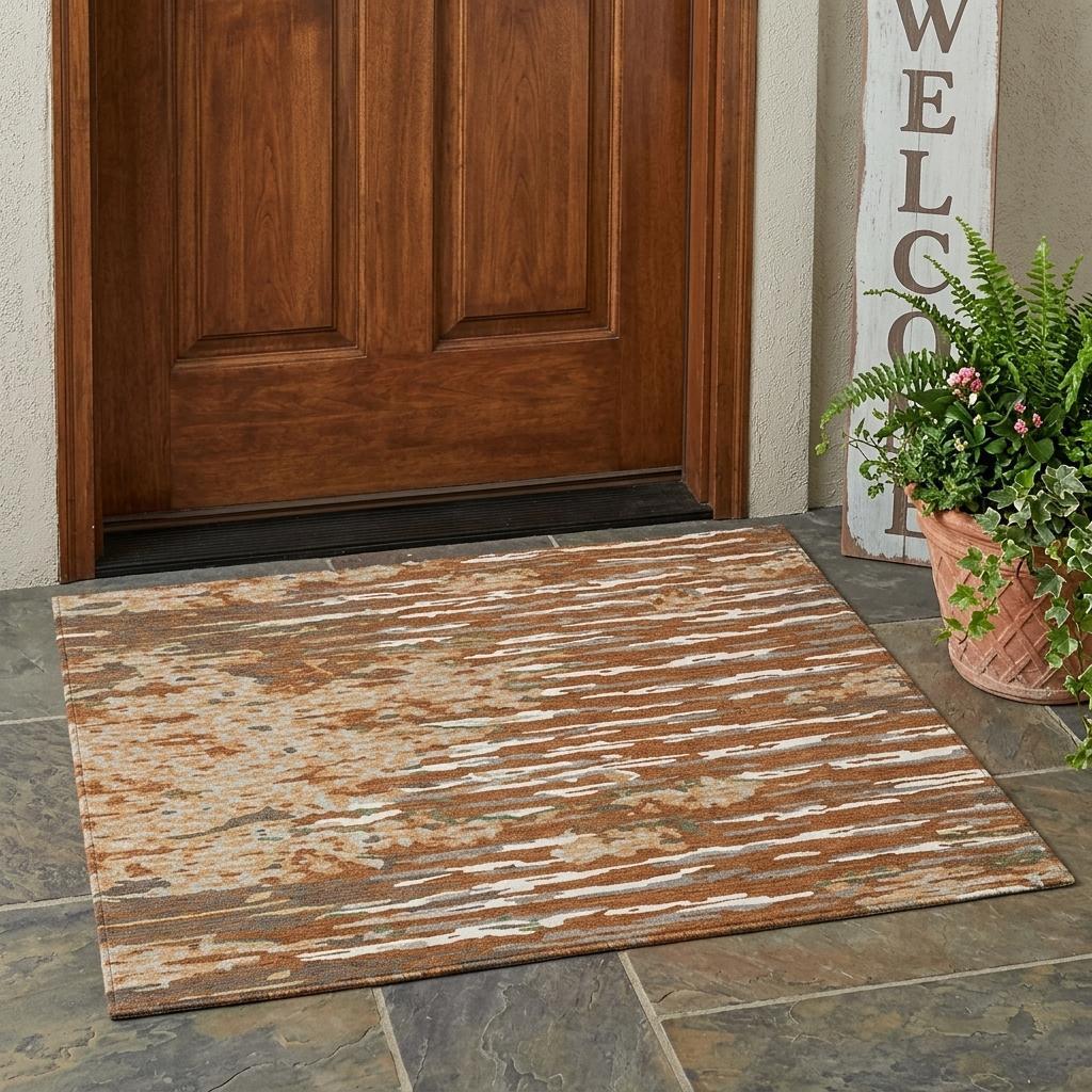 Abstract area rug, orange and beige with distressed striped texture