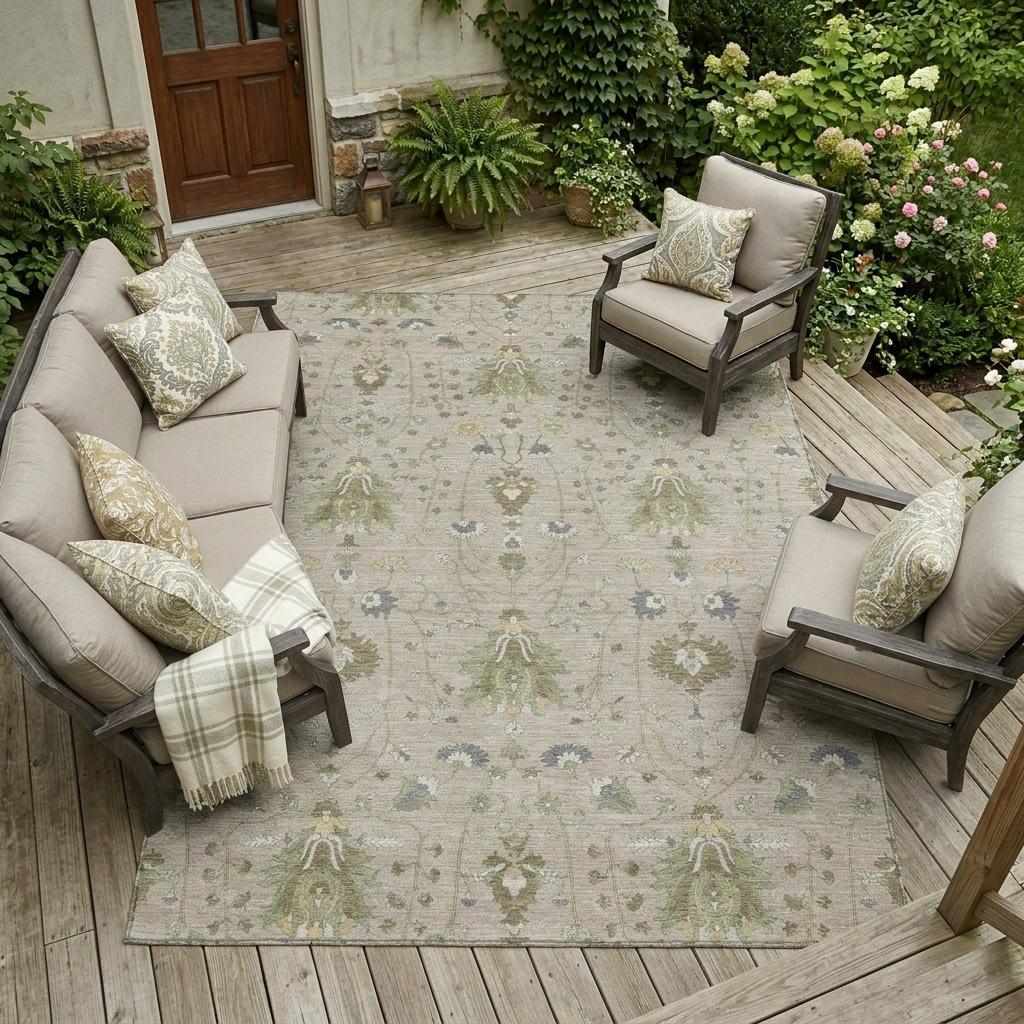 Outdoor beige area rug with medallion pattern beneath patio seating cushions