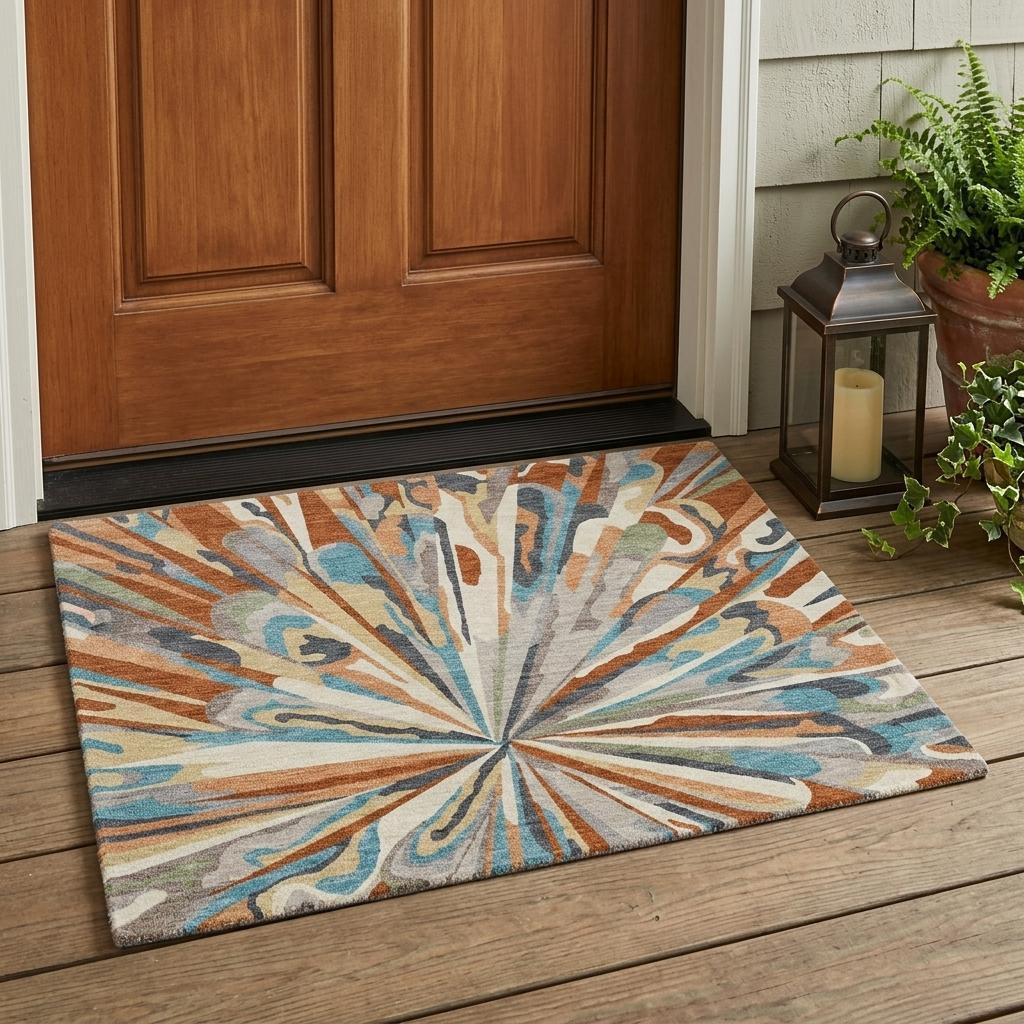 Abstract area rug with sunburst pattern in orange, teal, tan, and gray on light base.