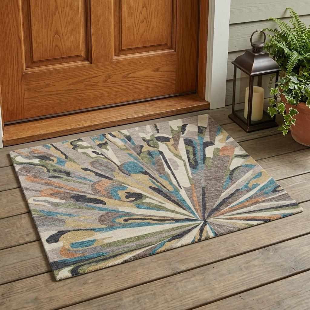 Abstract indoor/outdoor area rug with beige base and blue, teal, and brown burst rays