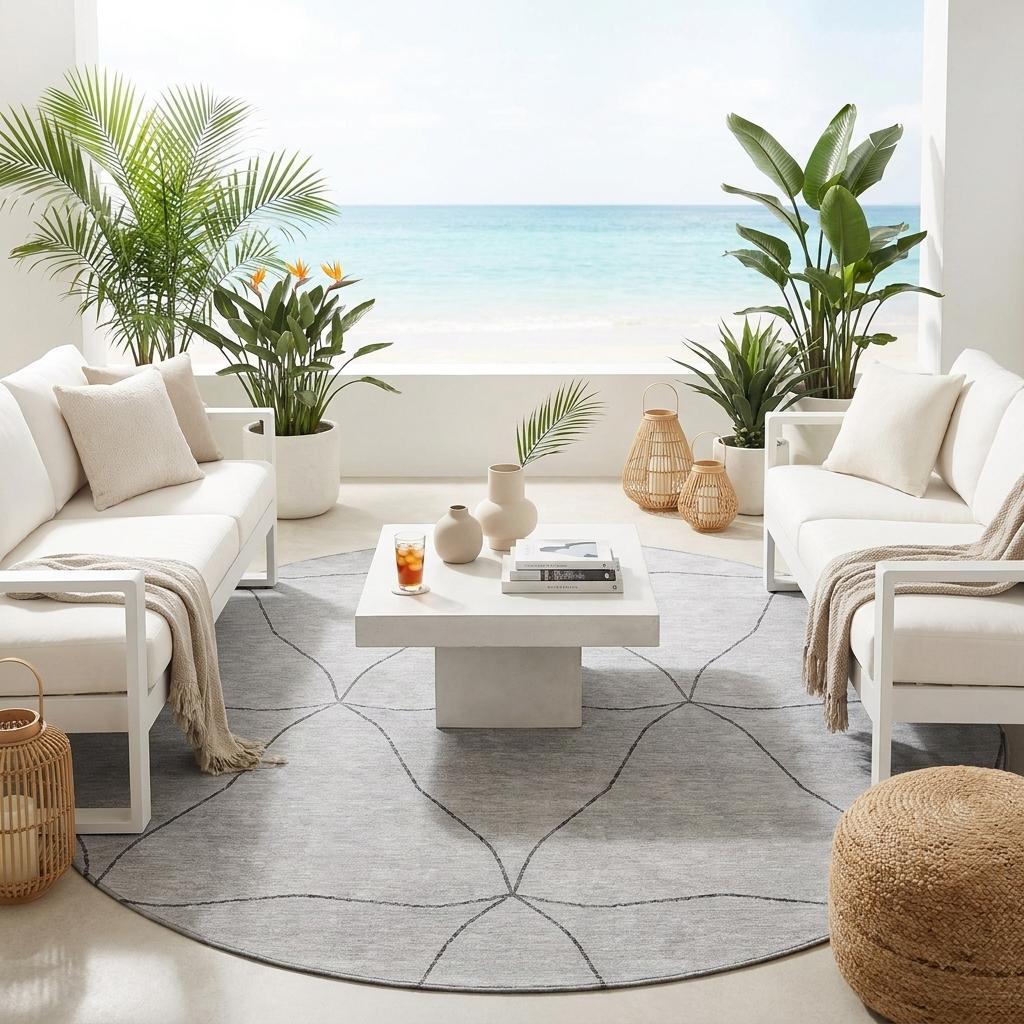 Round gray area rug with black geometric lattice lines for indoor outdoor rooms