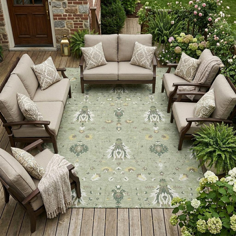 Green and beige oriental area rug with ornate floral medallion pattern