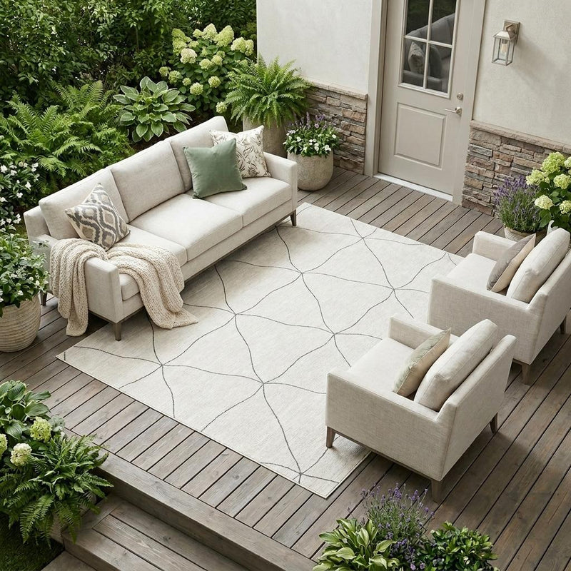 Geometric area rug with beige base and light gray diamond lines, indoor outdoor