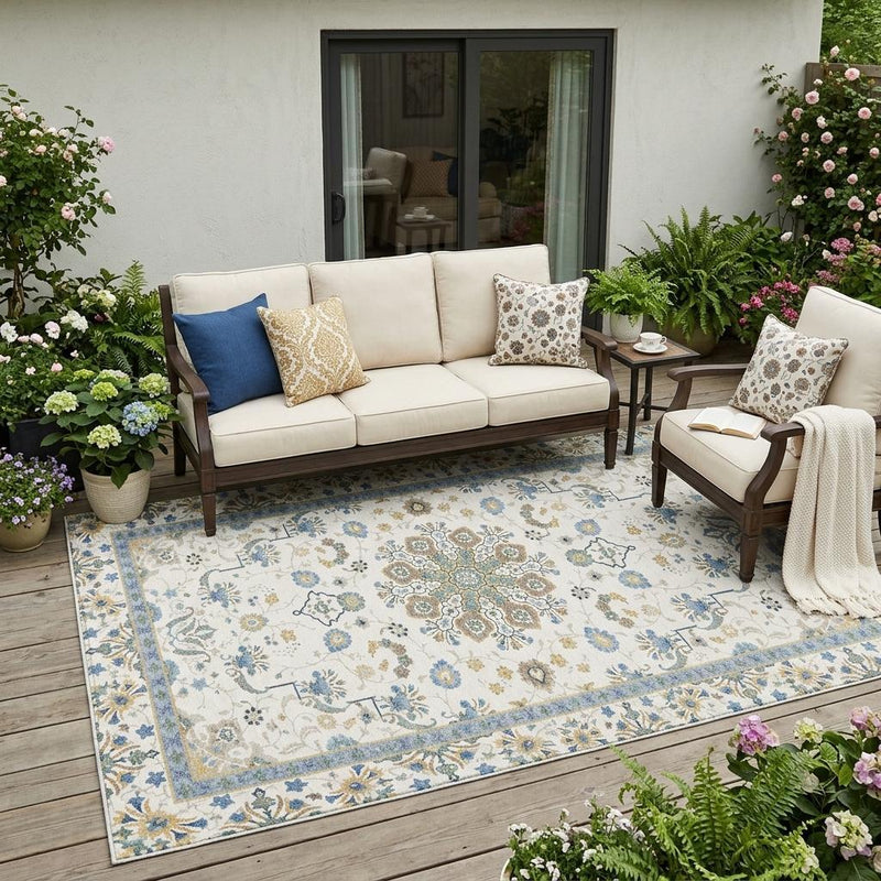 Ivory oriental area rug with blue floral border and multicolor medallions on patio