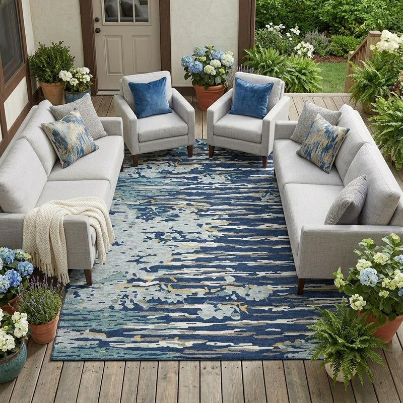 Navy and blue abstract area rug with horizontal stripe pattern for indoor or outdoor use.
