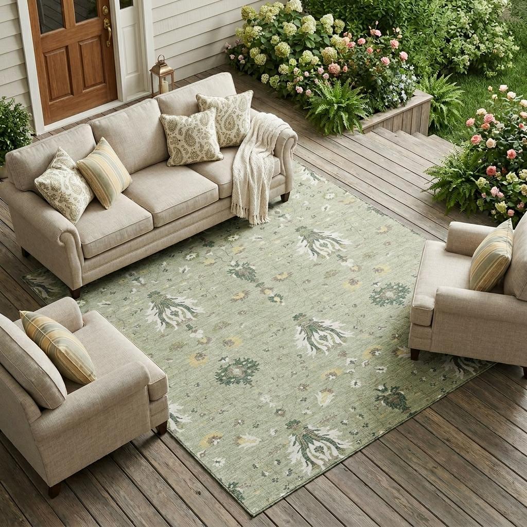 Green and beige oriental area rug on deck beneath outdoor seating and pillows.