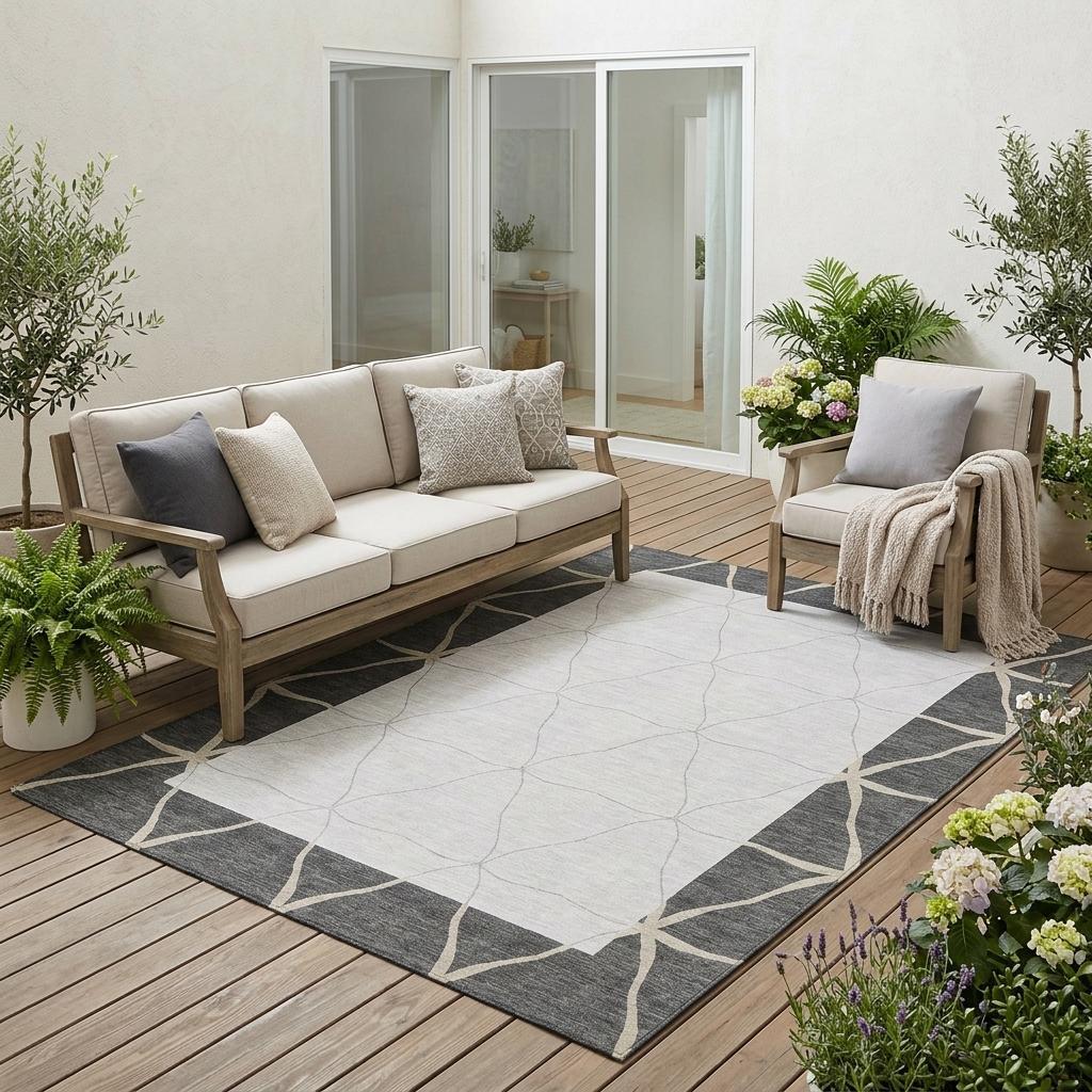Indoor outdoor area rug on patio deck, dark graphite border with light gray lattice