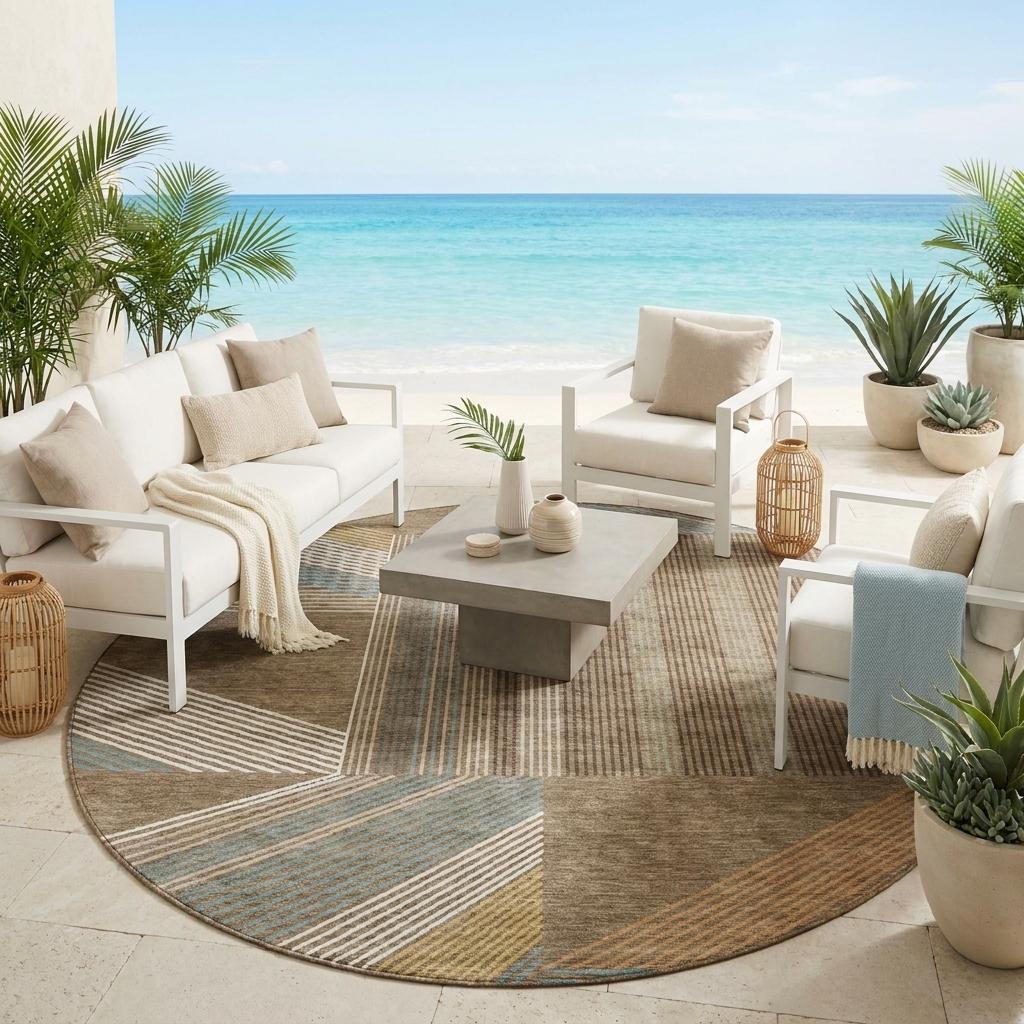 Round geometric rug with brown, gray, and light blue stripes for indoor/outdoor