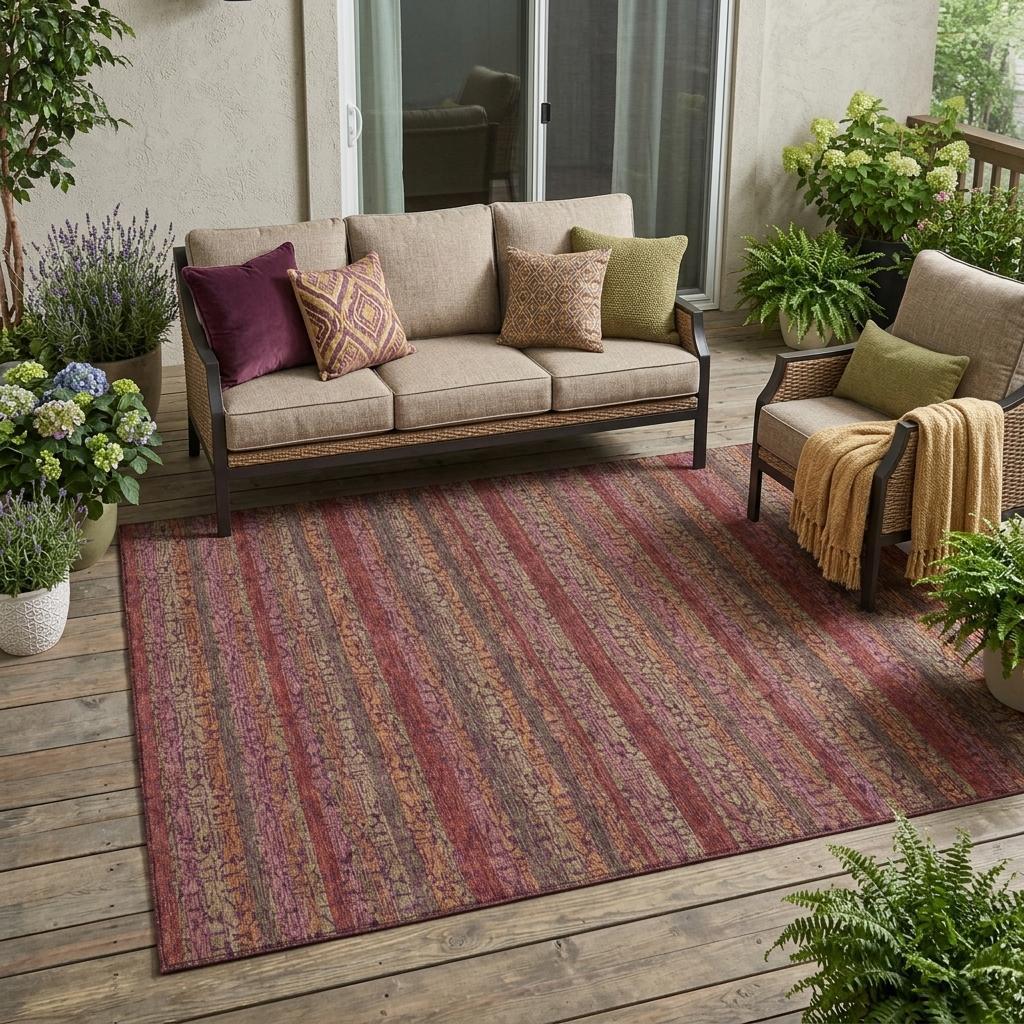 5' X 8' Burgundy And Red Striped Washable Indoor Outdoor Area Rug - Sports & Outdoor