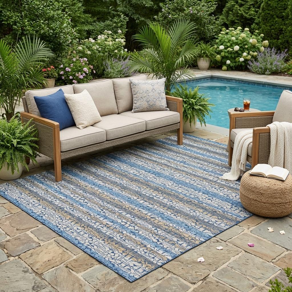 5' X 8' Blue And Silver Striped Washable Indoor Outdoor Area Rug - Sports & Outdoor