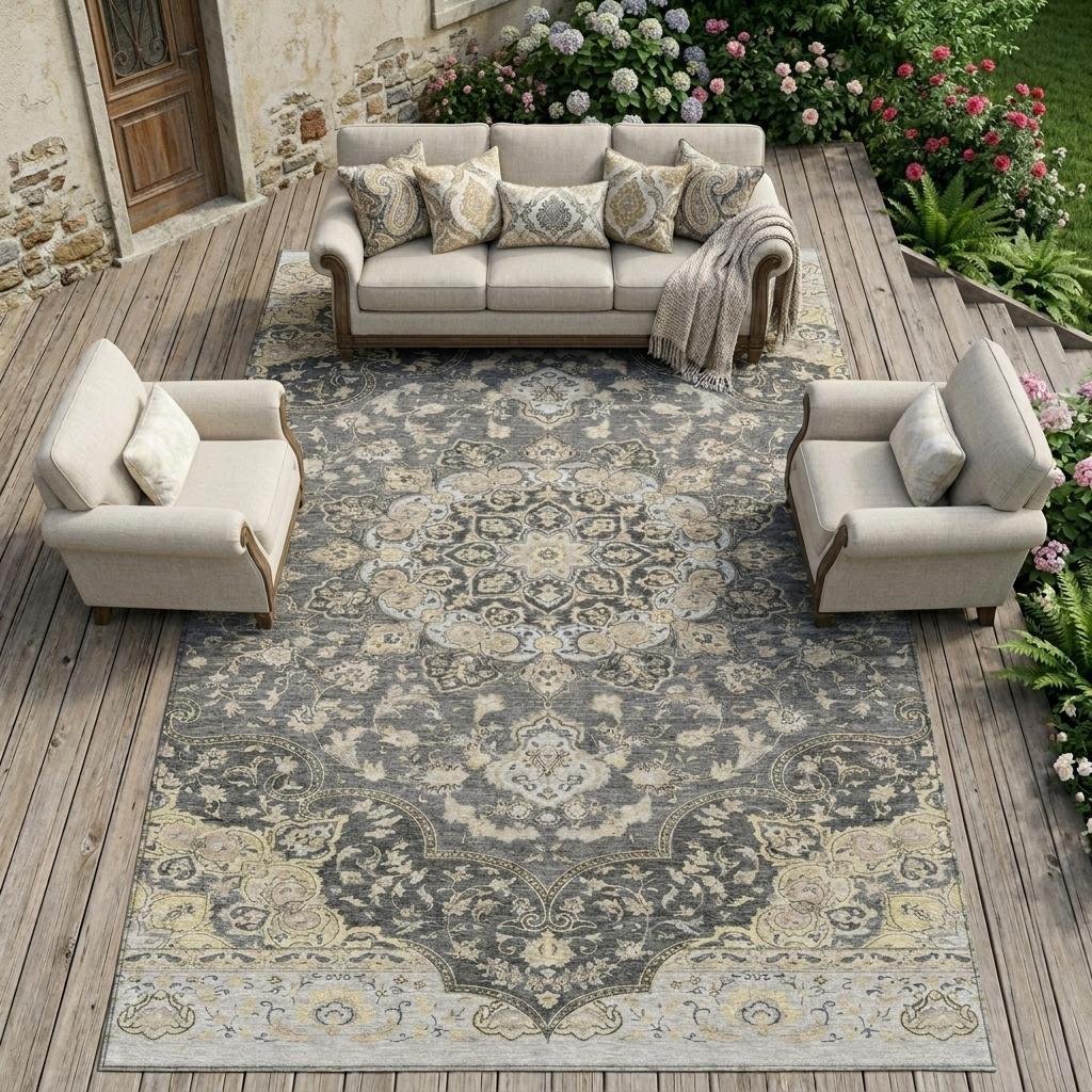 Elegant gray and cream vintage floral area rug on a patio with a light beige sofa and chairs surrounded by greenery.