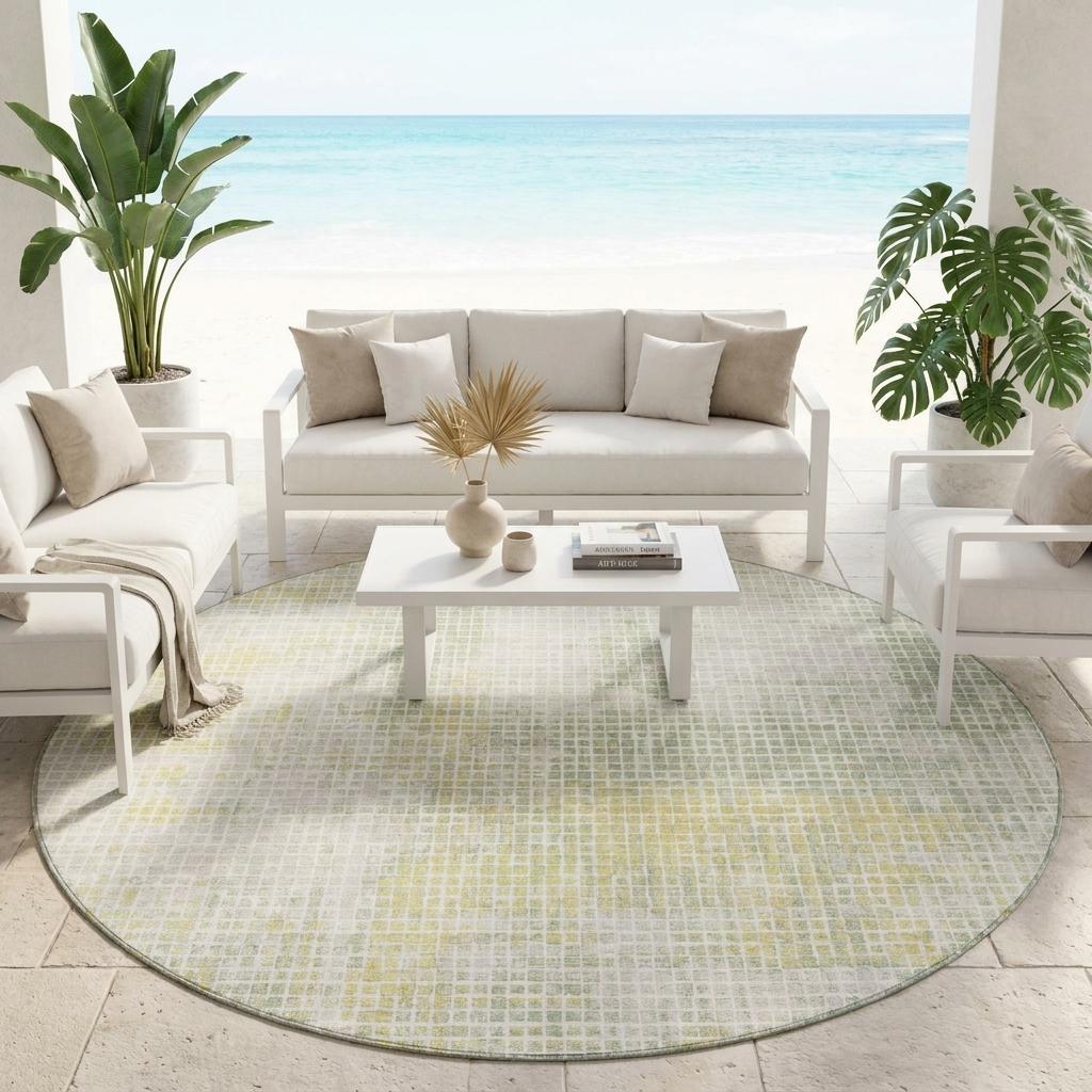 8' Ivory And Linen Round Abstract Washable Indoor Outdoor Area Rug - Outdoor | blocked-out-of-stock, Outdoor, sync-blocked