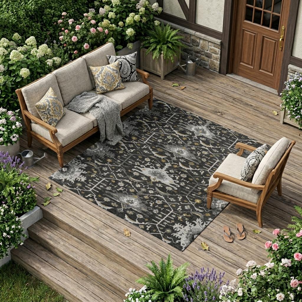 Gray and cream patterned area rug on a wooden patio with a cozy beige sofa and stylish accent pillows.