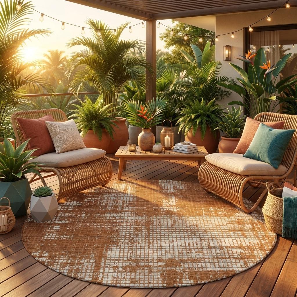 8' Orange And Beige Round Abstract Washable Indoor Outdoor Area Rug - Outdoor | blocked-missing-media,…