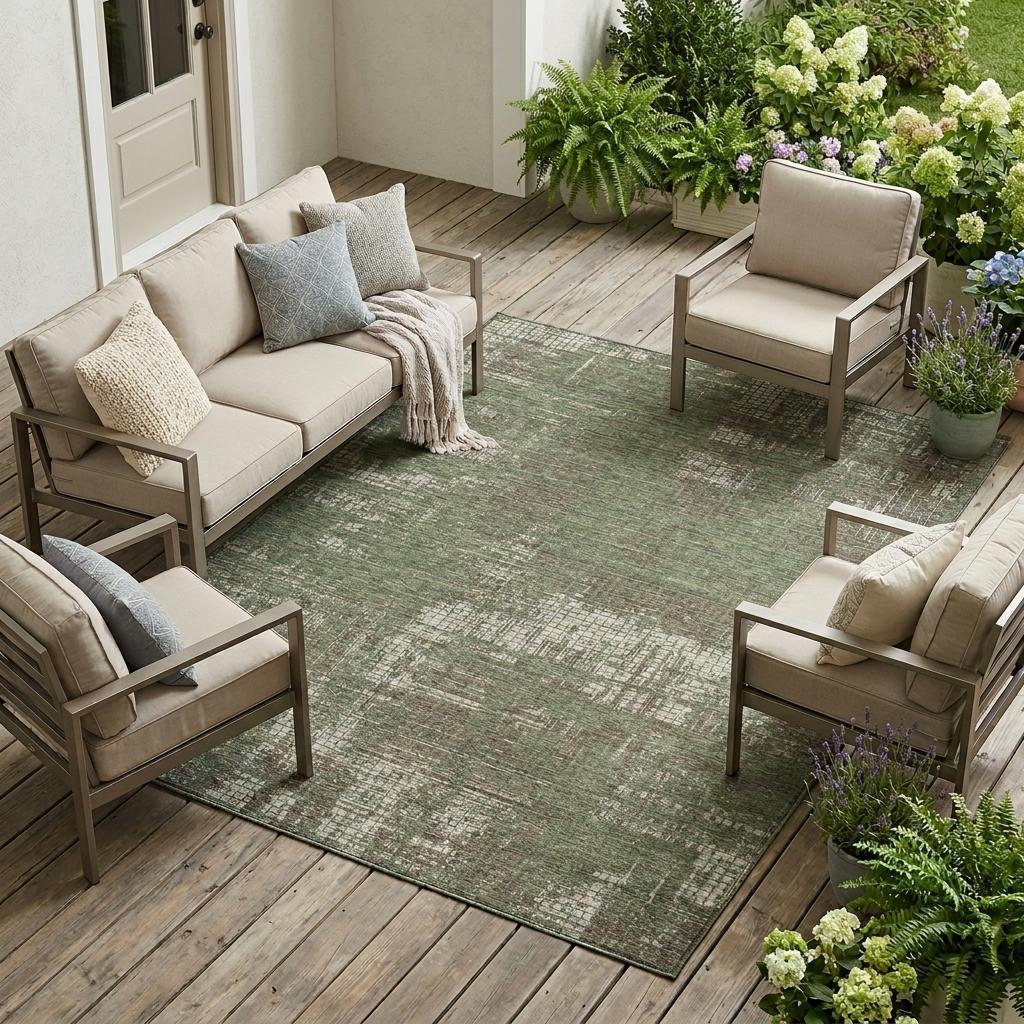 10' X 14' Olive Green And Green Abstract Washable Indoor Outdoor Area Rug - Outdoor | blocked-missing-media,…