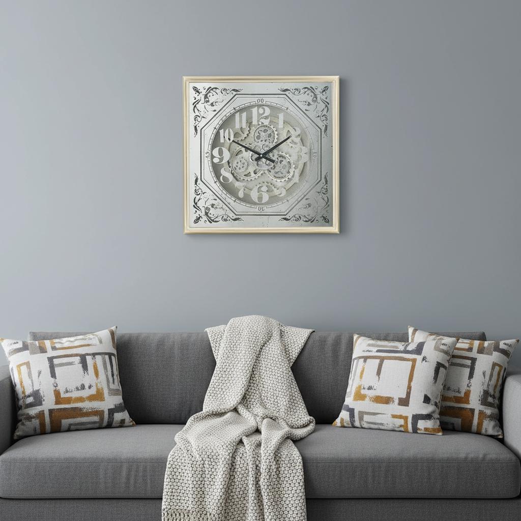 24" Square Gold and Silver Wood and Mirror Exposed Gear Wall Clock - Home Decor